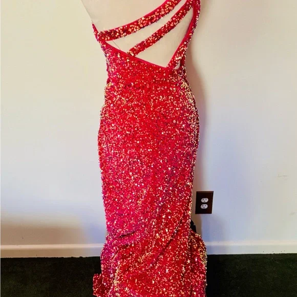 Custom U.S. Small Hot Pink Sequin One Shoulder Prom Gown W Slit - Picture 8 of 12